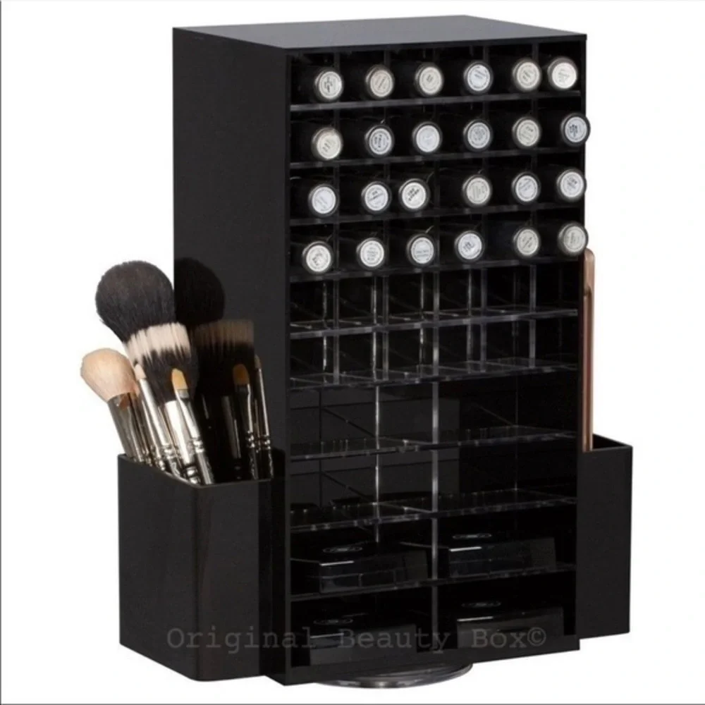 Original Beauty Box Black Acrylic Rotating Makeup Organizer Tower Storage